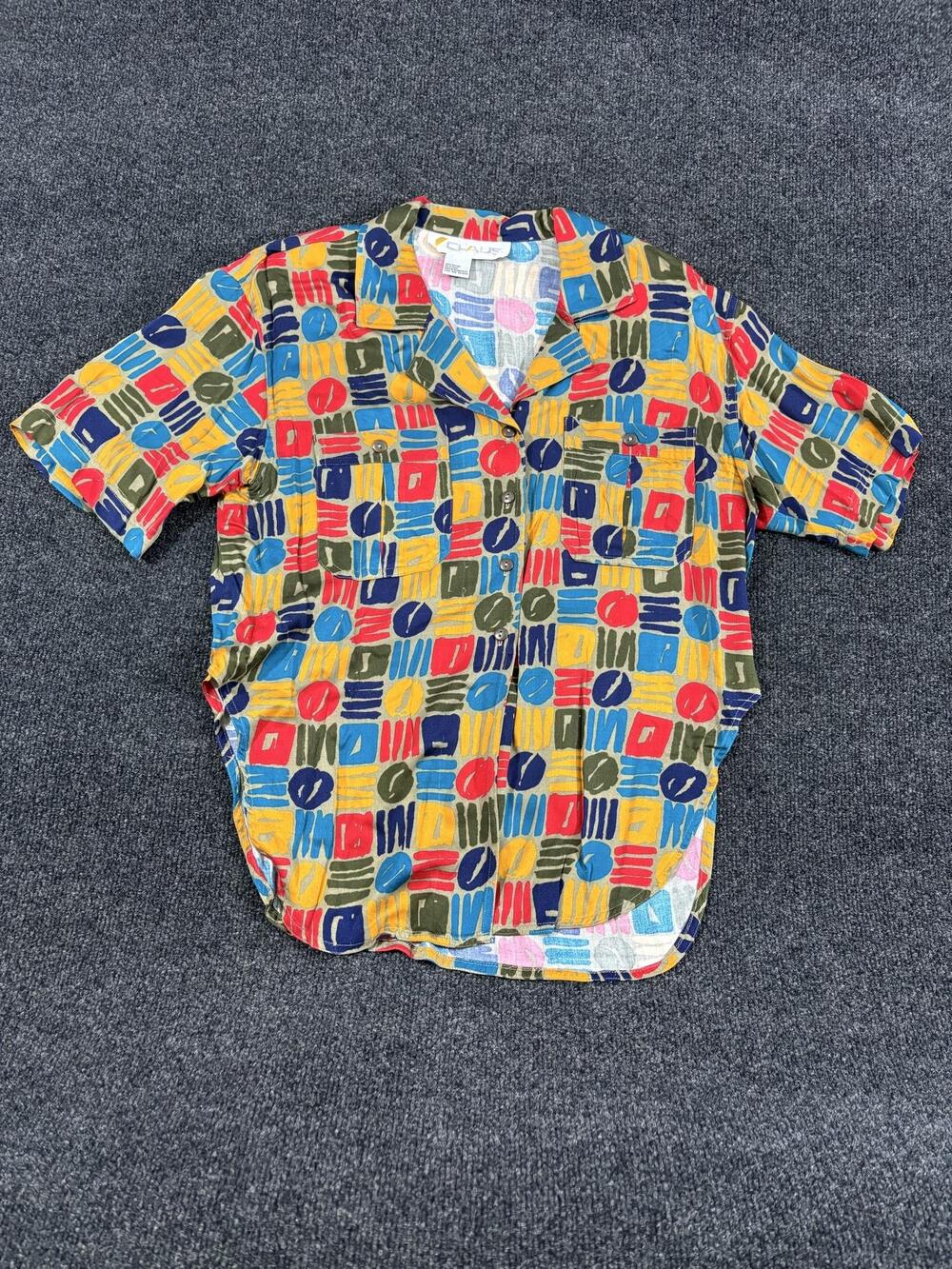 Vintage Chaus Shirt Womens M Multicolor Geometric Short Sleeve Button Up Rayon